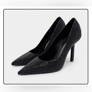 Zara Black Crystal High Heeled Pumps Size US 7.5 Pointed Toe 3.5 Inches New